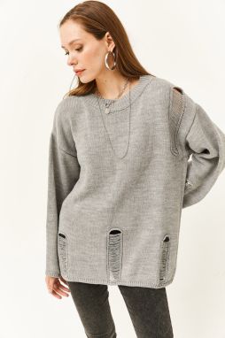 Olalook Women's Gray Ripped Detailed Oversize Knitwear Sweater