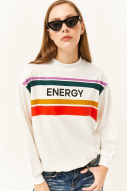 Olalook Women's Energy Ecru Printed Soft Textured Sweatshirt