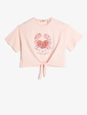 Koton T-Shirt Front Tie Detailed Short Sleeve Cotton Crab Embroidered Detail