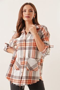 By Saygı Double Pockets Plaid Cachet Shirt with Fold Sleeves Orange