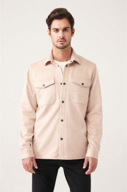 Avva Men's Beige Classic Collar Suede Textured Pockets Standard Fit Shirt