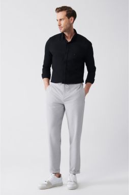 Avva Men's Gray Trousers with Side Pockets, Elastic Waist, See-through Double Legs Relaxed Fit, Relaxed Cut Trousers