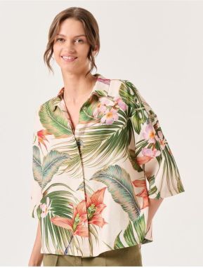 Jimmy Key Ecru Short Sleeve Tropical Patterned Linen Shirt.