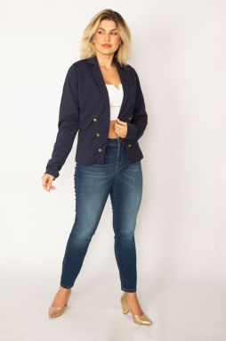 Şans Women's Plus Size Navy Blue Classic Coat with Clip-on Closure and Ornamental Metal Buttons.