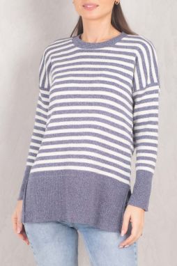 armonika Women's Navy Blue Round Neck Striped Knitwear Sweater