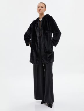 Koton Plyšový dlhý kabát na zips kapucňa kapucňa detailný