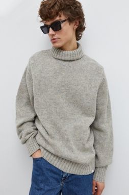 Vlnený sveter Les Deux pánsky, šedá farba, s rolákom