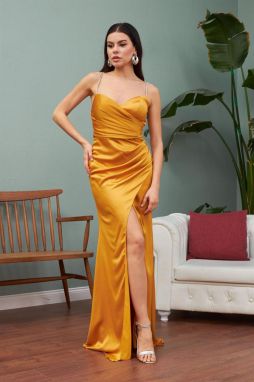 Carmen Saffron Satin Stone Strap Long Evening Dress