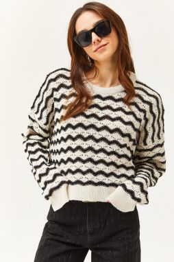 Olalook Women's Ecru Black Wave Striped Openwork Seasonal Knitwear Blouse