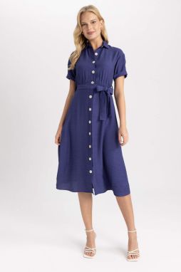 DEFACTO Shirt Collar Linen Look Midi Short Sleeve Dress