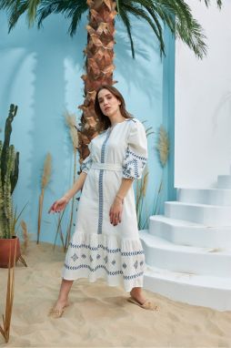 Laluvia White-Navy Blue Embroidered Dress