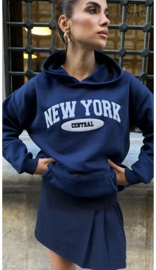 Laluvia Navy Blue Premium Cotton New York Print Hooded Sweatshirt