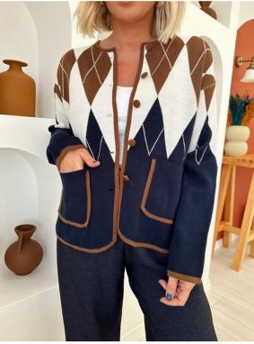 Laluvia Navy blue-tile diamond-patterned Cardigan with pockets