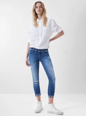 Tmavomodré dámske skrátené push up skinny fit rifle s potrhaným efektom Salsa Jeans