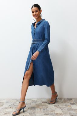 Trendyol Blue Ruffle Neck Denim Maxi Dress