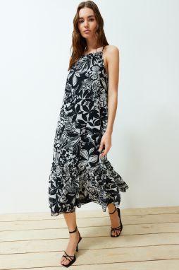 Trendyol Black Floral Straight Cut Chiffon Lined Maxi Woven Dress