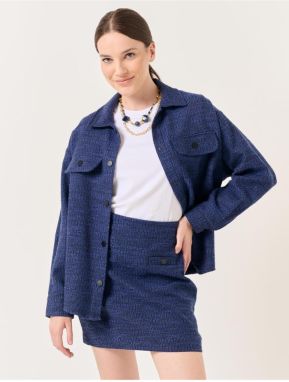 Jimmy Key Navy Blue Long Sleeved Tweed Shirt Jacket with Pockets