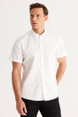 AC&Co / Altınyıldız Classics Men's White Slim Fit Slim Fit Buttoned Collar Cotton Short Sleeved Linen Shirt.