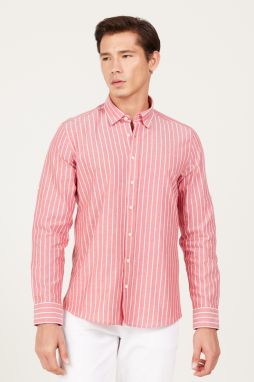 AC&Co / Altınyıldız Classics Men's Claret red-white Slim Fit Slim Fit, Hidden Button Collar 100% Cotton Striped Shirt.