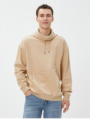 Koton Oversize Sweatshirt Shawl Collar Kangaroo Pocket Laced Raised