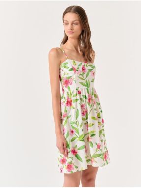 Jimmy Key Ecru Straps Sweetheart Neck Floral Mini Linen Dress