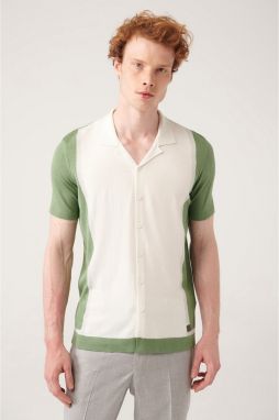 Avva Men's Water Green Cuban Collar Color Block Regular Fit Buttoned Knitwear T-shirt