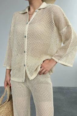 Laluvia Bone-Gold Silvery Polo Neck Cardigan