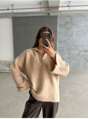 Laluvia Beige Self-Sleeve Plaid Sweater
