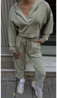 Laluvia Khaki Hooded V Neck Sweat Tracksuit Set