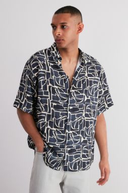 Trendyol Navy Blue Oversize Fit 100% Viscose Patterned Short Sleeve Flowy Summer Shirt