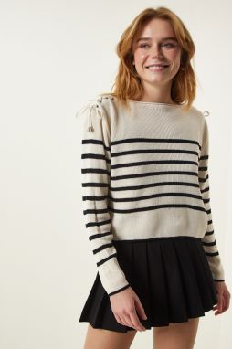 Happiness İstanbul Women's Cream Eyelet Detail Seasonal Striped Knitwear Sweater