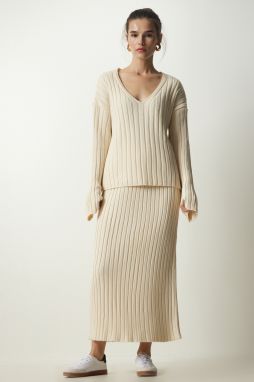 Happiness İstanbul Women's Cream Ribbed Sweater Skirt Knitwear Suit