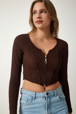 Happiness İstanbul Women's Brown Zippered Ribbed Crop Blouse