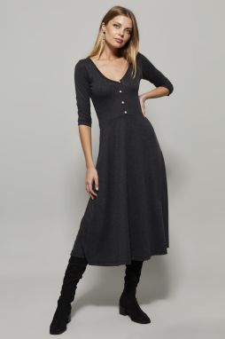 Cool & Sexy Women's Anthracite Button Accessory V-Neck Dress