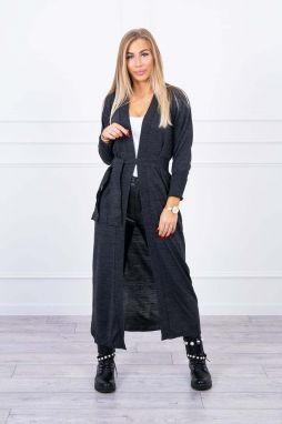 Long cardigan sweater with graphite waist ties