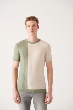 Avva Men's Aqua Green Crew Neck Color Block Ribbed Regular Fit Knitwear T-shirt