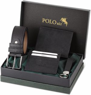 Polo Air Belt, Wallet, Card Holder, Keychain, Black Set in a Gift Box