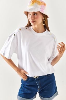Olalook Women's White Shoulder Gold Buttoned Cotton T-Shirt