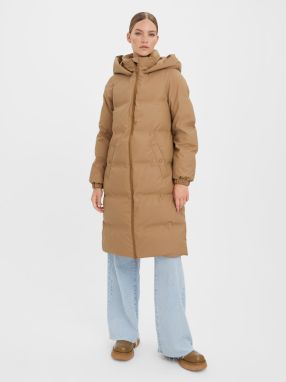 Hnedý prešívaný zimný kabát s kapucňou a povrchovou úpravou VERO MODA Noe