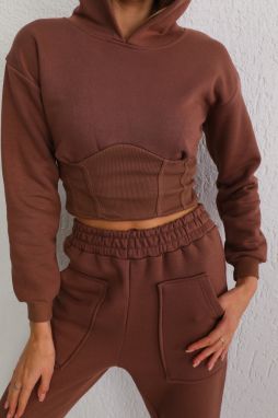 BİKELİFE Women's Brown Raised Three Thread Corset Detail Crop Sweat Tracksuit Set