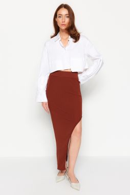 Dilvin 80108 Left Side Slit Knitwear Skirt-brown