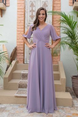 Carmen Lavender Chiffon Watermelon Sleeve V Neck Long Evening Dress