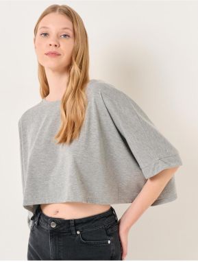 Jimmy Key Gray Melange Short Sleeve Basic Crop T-Shirt.