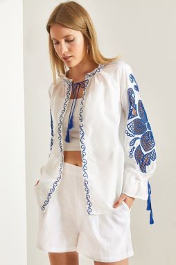 Bianco Lucci Women's Tie Collar Embroidered Loose Shirt.