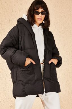 Bianco Lucci Women's Black Oversized Down Coat with Large Double Pockets Hooded