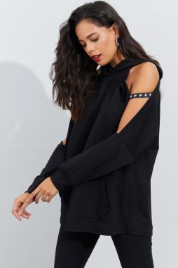 Cool & Sexy Women's Black Open Sleeve Hooded Sweatshirt Yi2356